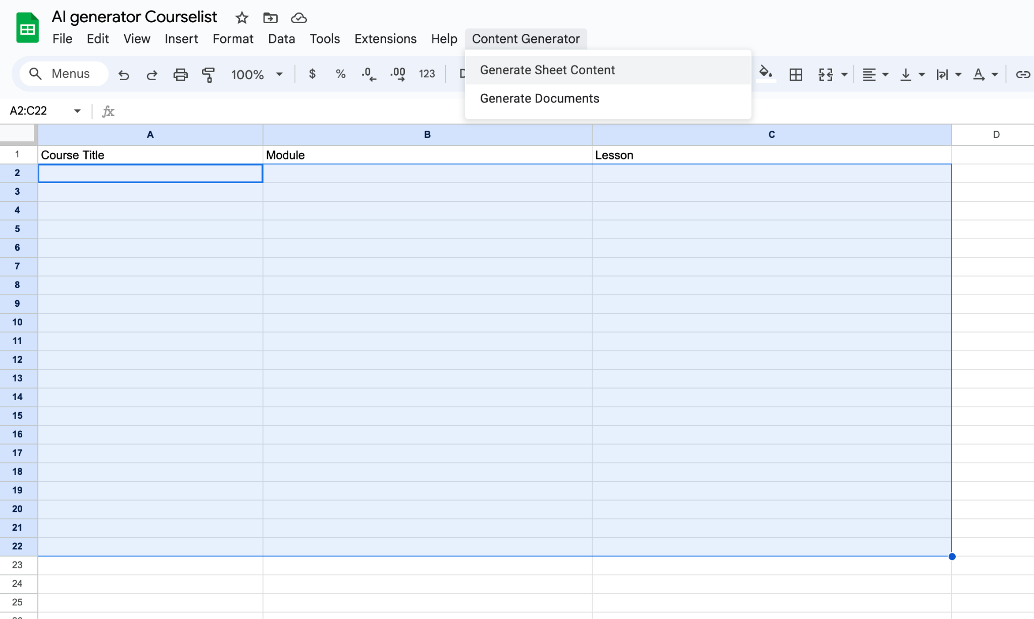 AI Course list generator Google sheets for software test blogging